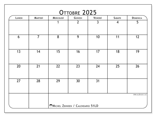Calendario da stampare, ottobre 2025, 51LD