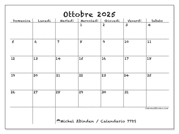 Calendario da stampare, ottobre 2025, 77DS