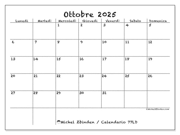 Calendario da stampare, ottobre 2025, 77LD