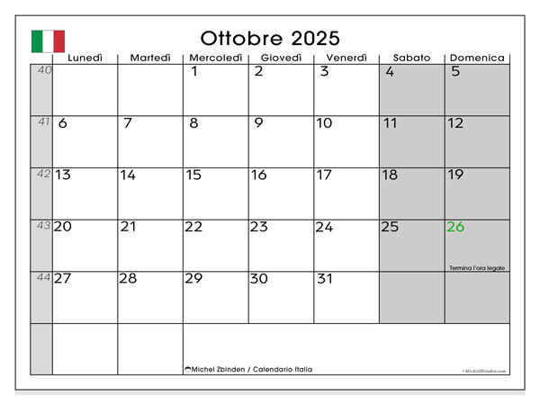 Kalender for utskrift, oktober 2025, Italia