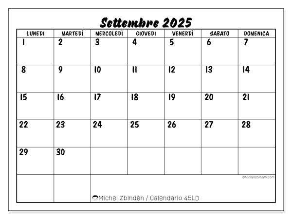 Calendario da stampare, settembre 2025, 45LD