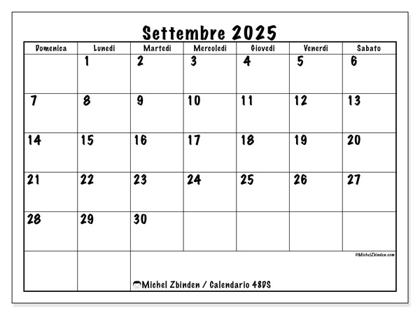 Calendario da stampare, settembre 2025, 48DS