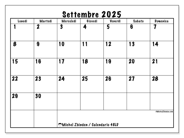 Calendario da stampare, settembre 2025, 48LD