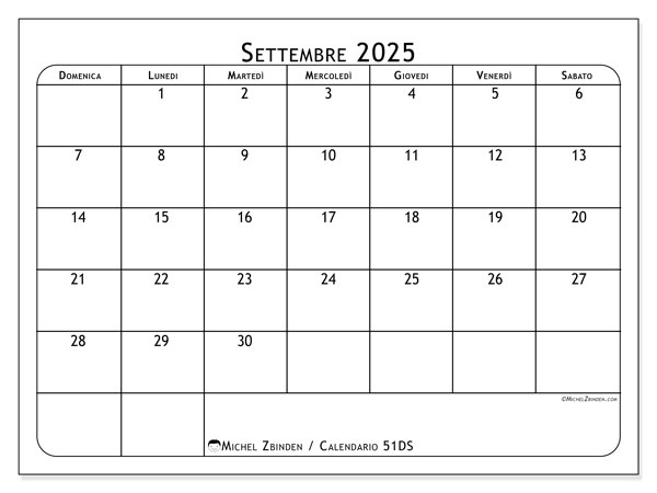 Calendario da stampare, settembre 2025, 51DS