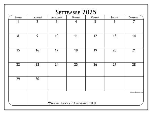 Calendario da stampare, settembre 2025, 51LD