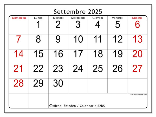 Calendario da stampare, settembre 2025, 62DS