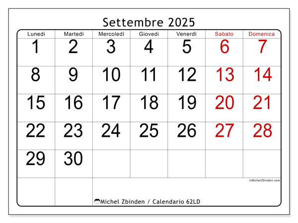Calendario da stampare, settembre 2025, 62LD