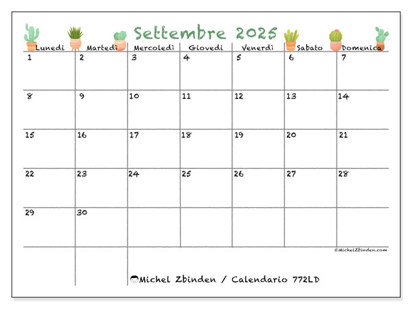 Calendario da stampare, settembre 2025, 772LD