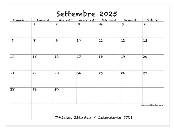 Calendario da stampare, settembre 2025, 77DS
