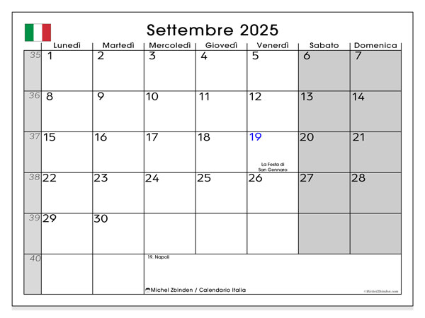 Tulostettava kalenteri, syyskuu 2025, Italia