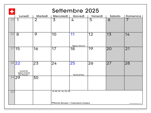Kalender om af te drukken, september 2025, Zwitserland (IT)