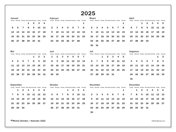 Kalender om af te drukken, 2025, 32ZZ
