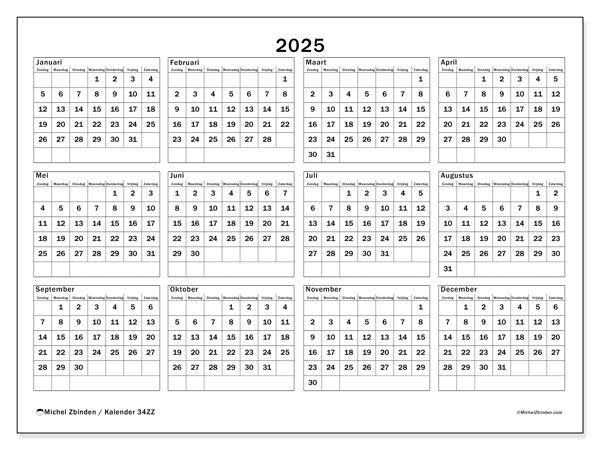 Kalender april 2025 “34”. Gratis af te drukken agenda.. Zondag tot zaterdag