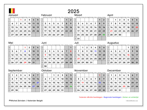 Kalendarz do druku, roczny 2025, Belgia (NL)