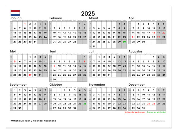 Kalender zum Ausdrucken, Jahrlich 2025, Niederlande