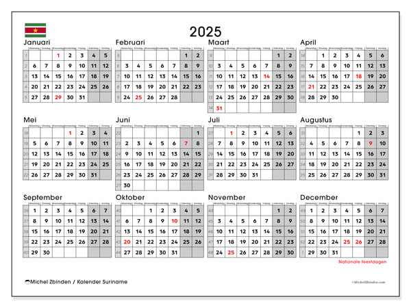 Kalender om af te drukken, annuel 2025, Suriname (MZ)