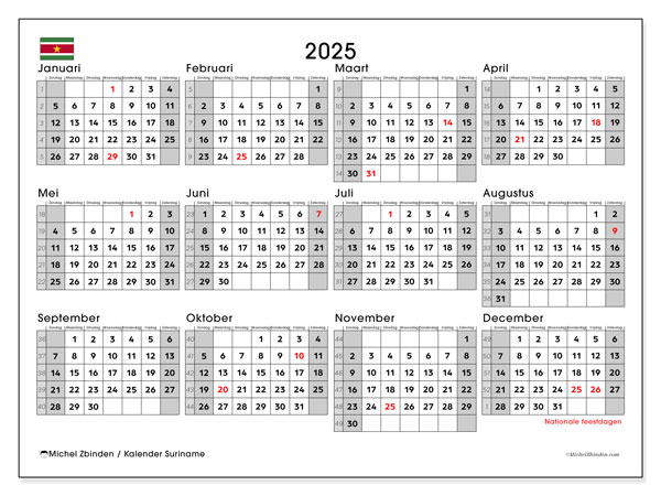 Kalender om af te drukken, annuel 2025, Suriname (ZZ)