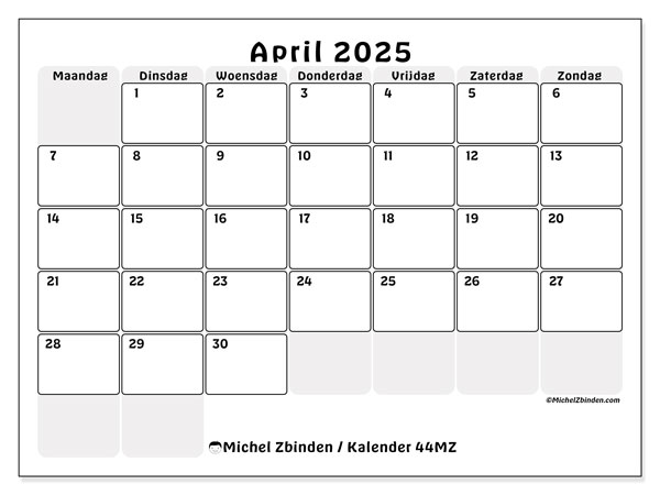 Kalender april 2025 “44”. Gratis printbare kaart.. Maandag tot zondag