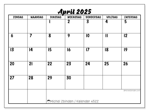 Kalender om af te drukken, april 2025, 45ZZ