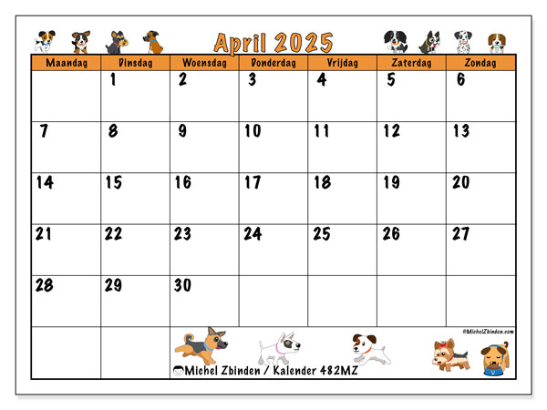 Kalender april 2025 “482”. Gratis afdrukbare kalender.. Maandag tot zondag