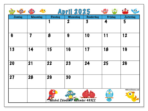 Kalender april 2025 “483”. Gratis printbare kaart.. Zondag tot zaterdag