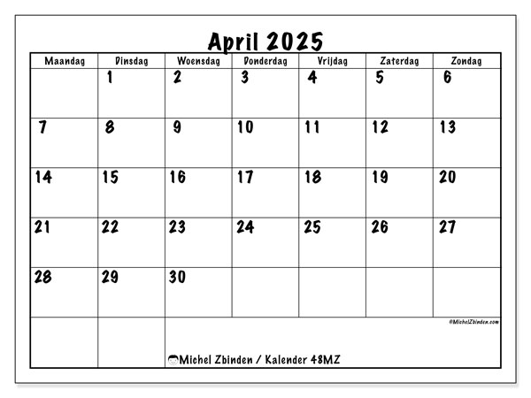 Kalender april 2025 “48”. Gratis af te drukken agenda.. Maandag tot zondag