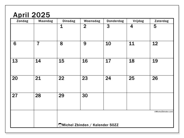 Kalender april 2025 “50”. Gratis af te drukken agenda.. Zondag tot zaterdag