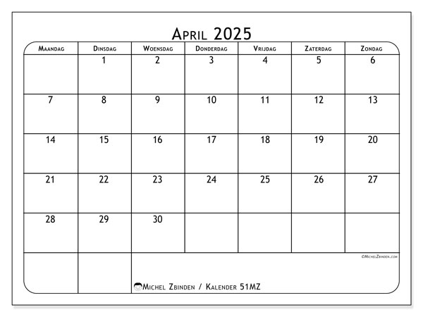 Kalender april 2025 “51”. Gratis afdrukbaar programma.. Maandag tot zondag