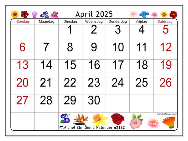 Kalender april 2025 “621”. Gratis printbaar schema.. Zondag tot zaterdag