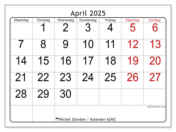 Kalender april 2025 “62”. Gratis af te drukken agenda.. Maandag tot zondag