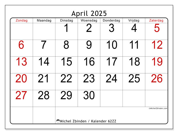 Kalender april 2025 “62”. Gratis af te drukken agenda.. Zondag tot zaterdag