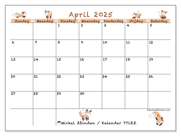 Kalender om af te drukken, april 2025, 771ZZ