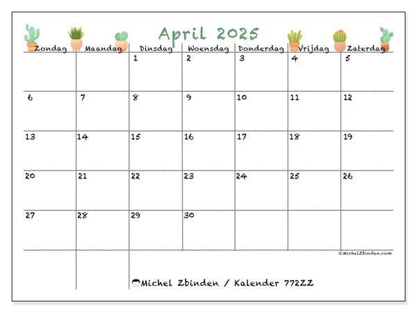 Kalender april 2025 “772”. Gratis printbaar schema.. Zondag tot zaterdag