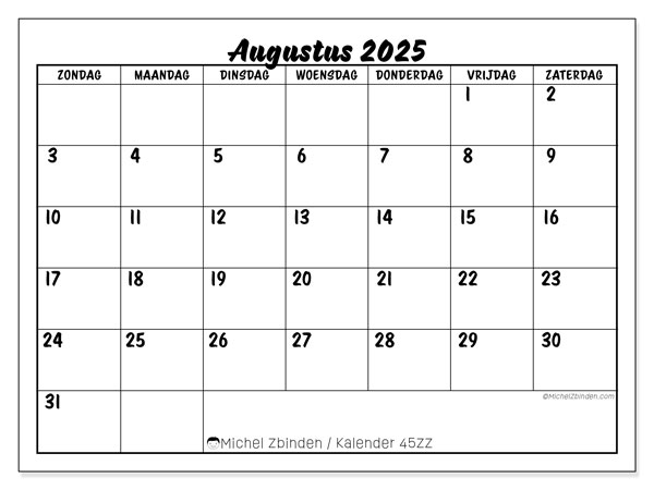 Kalender om af te drukken, augustus 2025, 45ZZ
