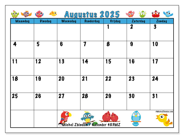 Kalender om af te drukken, augustus 2025, 483MZ