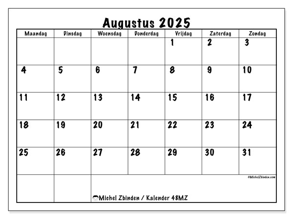 Kalender om af te drukken, augustus 2025, 48MZ