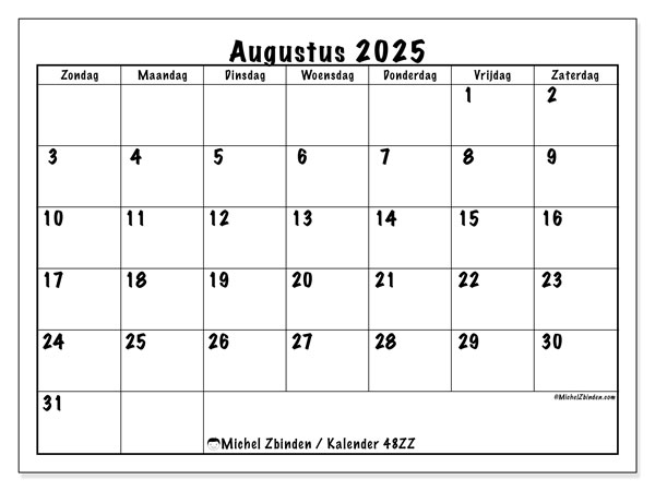 Kalender om af te drukken, augustus 2025, 48ZZ