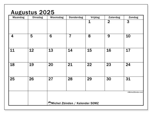 Kalender om af te drukken, augustus 2025, 50MZ