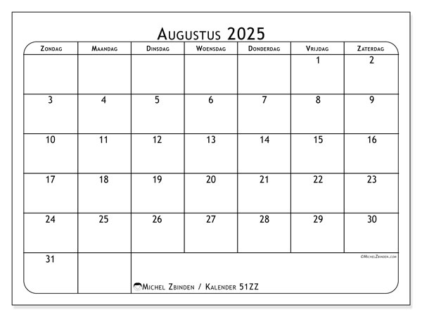 Kalender om af te drukken, augustus 2025, 51ZZ