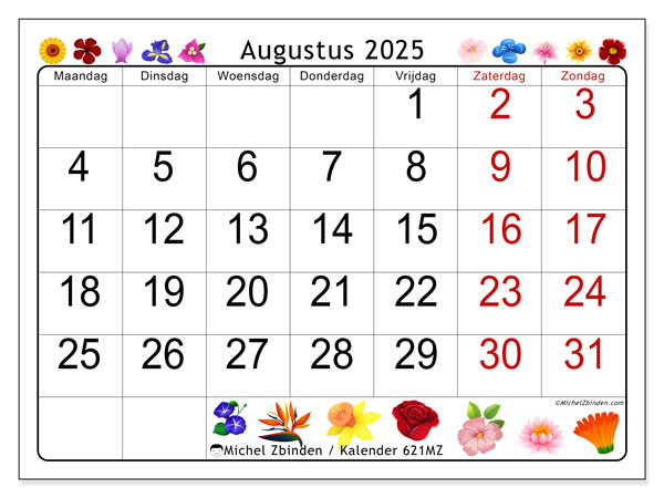 Kalender om af te drukken, augustus 2025, 621MZ