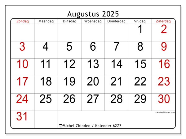 Kalender om af te drukken, augustus 2025, 62ZZ