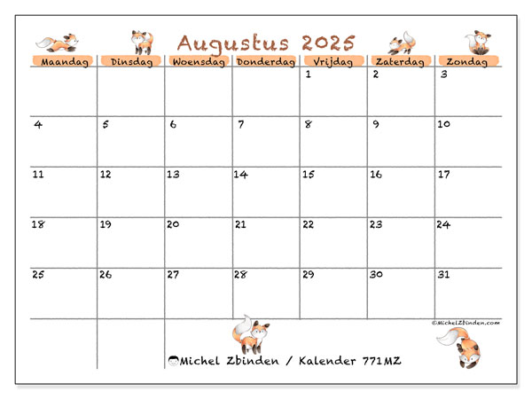 Kalender om af te drukken, augustus 2025, 771MZ