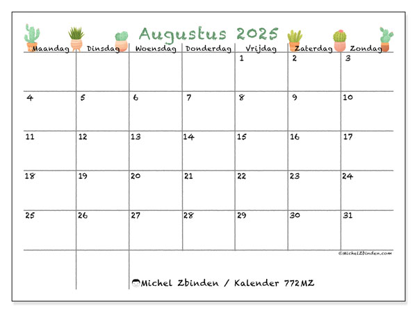 Kalender om af te drukken, augustus 2025, 772MZ