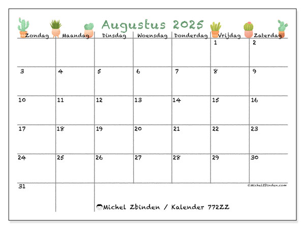 Kalender om af te drukken, augustus 2025, 772ZZ