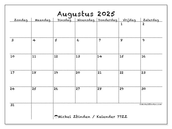 Kalender om af te drukken, augustus 2025, 77ZZ