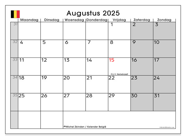 Kalender til udskrivning, august 2025, Belgien (NL)