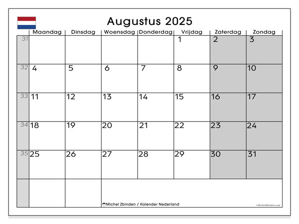 Kalender til udskrivning, august 2025, Nederlandene