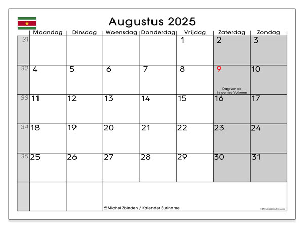 Kalender om af te drukken, augustus 2025, Suriname (MZ)