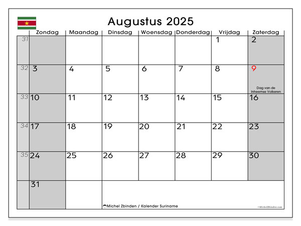 Kalender om af te drukken, augustus 2025, Suriname (ZZ)