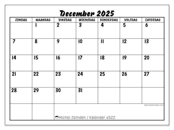 Kalender om af te drukken, december 2025, 45ZZ